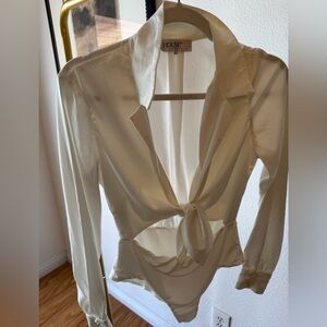 House of CB Cream Tie-Front Button-Down Bodysuit Blouse
